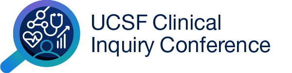 UCSF Clinical Inquiry Conference logo with stethoscope heart with ekg ascending lines and image representing person inside magnifying glass 